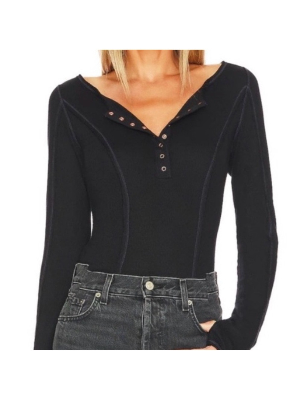 NWT Free People Intimately Sloane Long Sleeve Henley Black bodysuit size xs